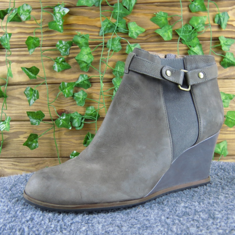 Susina Gray Leather Wedge Ankle Boots Buckle Strap Round Toe Casual Women's‎ 9